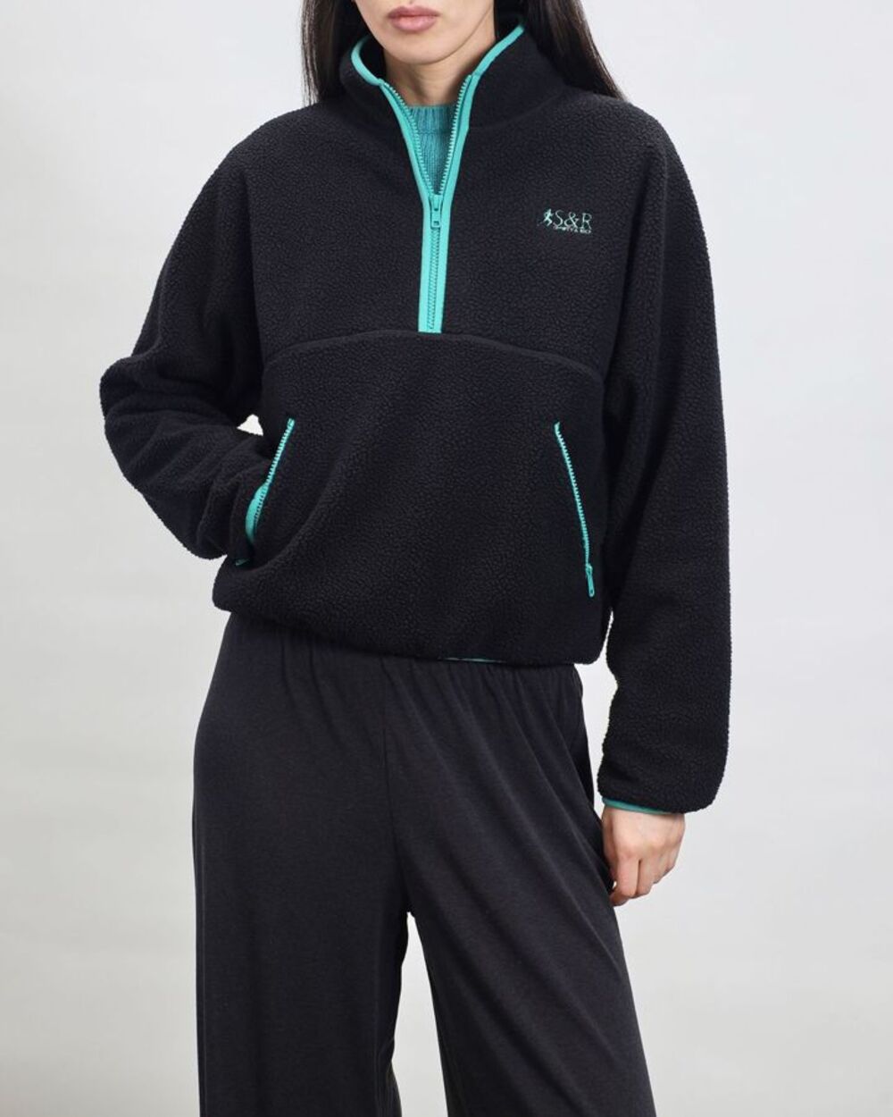 Sporty & Rich SR Runner Sherpa Quarter Zip Pullover Black Teal Fleece Jacket XL